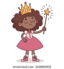 princess with crown and magic wand african american in sneakers and pink dress