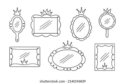 Princess crown mirror frame. Hand drawn doodle mirror with crown for baby princess decorate border. Vector illustration.