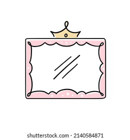Princess crown mirror frame. Hand drawn doodle mirror with crown for baby princess decorate border. Vector illustration.