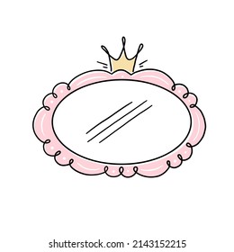 Prinzessin Kronspiegel Rahmen. Handgezeichneter Kanonenspiegel mit Kronen für Babyprinzessin dekorieren die Grenze. Vektorgrafik.