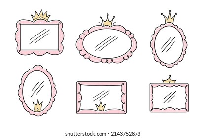 Princess crown mirror frame. Hand drawn doodle mirror with crown for baby princess decorate border. Vector illustration.