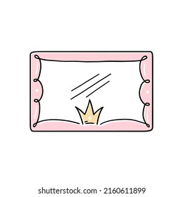Princess crown mirror frame. Hand drawn doodle mirror with crown for baby princess decorate border. Vector illustration.