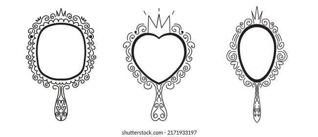 Princess crown mirror frame set. Hand drawn doodle handle mirror with crown for baby princess decorate border. Vector sketch illustration isolated on white background.