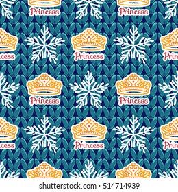 Princess crown on a bright background knit. Abstract seamless pattern for decoration. Design Vector illustration. Winter concept with snowflakes.