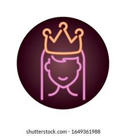 princess with crown over white background, neon style icon, vector illustration
