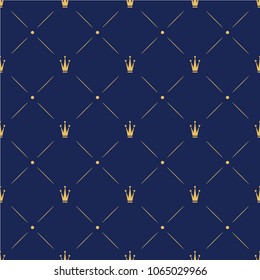 Princess Crown. Seamless repeating pattern. Diadem princess isolated on blue background. Vector illustration.
