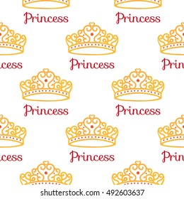 Princess Crown. Seamless repeating pattern.  diadem princess isolated on white background. Vector illustration.