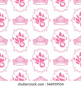 Princess Crown. Seamless repeating pattern. Diadem pink princess isolated on white background. Vector illustration.