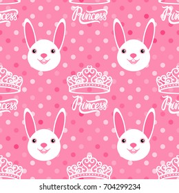 Princess Crown. Seamless repeating pattern. Diadem princess and bunny on pink Candy polka dot background. Vector illustration.