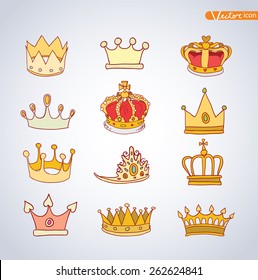 Princess crown set, hand drawn vector.