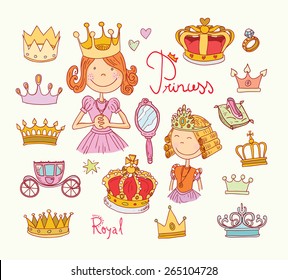 Princess crown set, hand drawn vector.