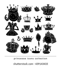 Princess crown set, hand drawn vector.