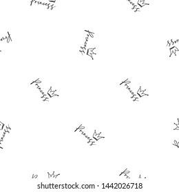 Princess crown text. Black line seamless pattern. Vector linear design on white background. Simple doodle hand drawn art.