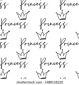 Princess crown text. Black line seamless pattern. Vector linear design on white background. Simple doodle hand drawn art.