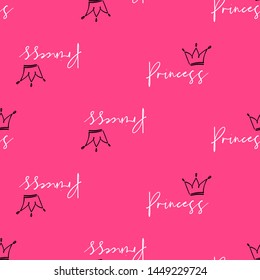 Princess crown text. Black and white line seamless pattern. Vector linear design on pink background. Simple doodle hand drawn art.