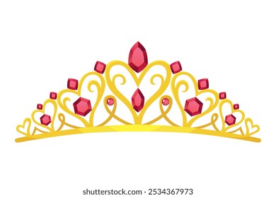 Princess crown tiara icon. Beautiful golden jewels with precious stones. Precious head accessory. Headdress in flat design isolated on white background