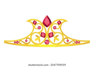 Princess crown tiara icon. Beautiful golden jewels with precious stones. Precious head accessory. Headdress in flat design isolated on white background