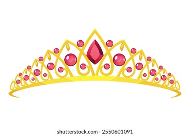 Princess crown tiara icon. Beautiful golden jewels with precious stones. Precious head accessory. Headdress in flat design isolated on white background