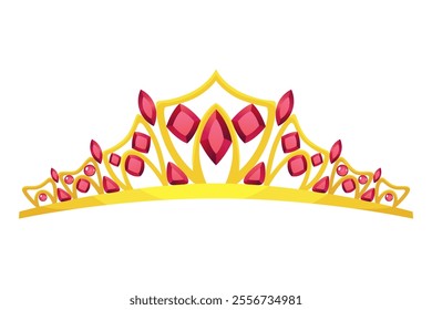 Princess crown tiara icon. Beautiful golden jewels with precious stones. Precious head accessory. Headdress in flat design isolated on white background