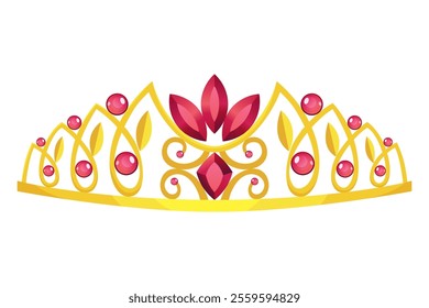 Princess crown tiara icon. Beautiful golden jewels with precious stones. Precious head accessory. Headdress in flat design isolated on white background