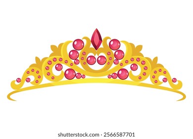 Princess crown tiara icon. Beautiful golden jewels with precious stones. Precious head accessory. Headdress in flat design isolated on white background