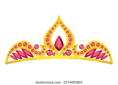 Princess crown tiara icon. Beautiful golden jewels with precious stones. Precious head accessory. Headdress in flat design isolated on white background