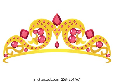 Princess crown tiara icon. Beautiful golden jewels with precious stones. Precious head accessory. Headdress in flat design isolated on white background