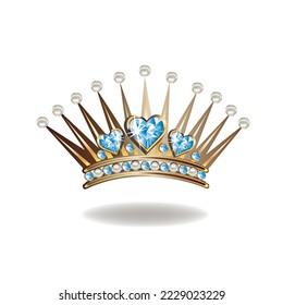 Princess crown or tiara with pearls and blue gems in the shape of a heart vector illustration isolated on white background.