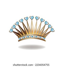 Princess crown or tiara with pearls and blue gems in the shape of a heart vector illustration isolated on white background.