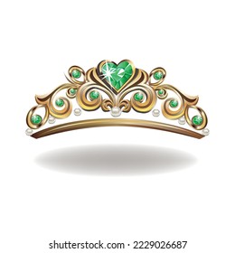 Princess crown or tiara with pearls and green gems in the shape of a heart vector illustration isolated on white background.