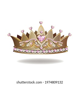 Princess crown or tiara with pearls and pink gems in the shape of a heart vector illustration isolated on white background.