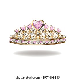 Princess crown or tiara with pearls and pink gems in the shape of a heart vector illustration isolated on white background.
