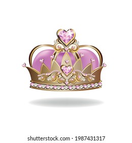 Princess crown or tiara with pearls and pink gems in the shape of a heart vector illustration isolated on white background.