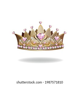 Princess crown or tiara with pearls and pink gems in the shape of a heart vector illustration isolated on white background.