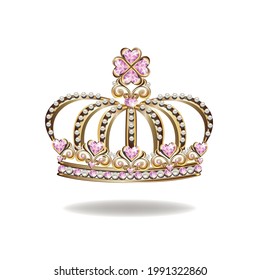 Princess crown or tiara with pearls and pink gems in the shape of a heart vector illustration isolated on white background.