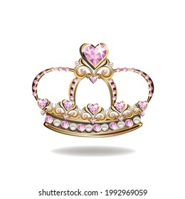 Princess crown or tiara with pearls and pink gems in the shape of a heart vector illustration isolated on white background.