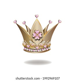 Princess crown or tiara with pearls and pink gems in the shape of a heart vector illustration isolated on white background.