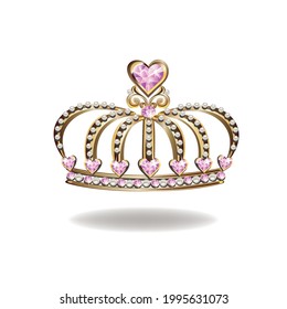 Princess crown or tiara with pearls and pink gems in the shape of a heart vector illustration isolated on white background.