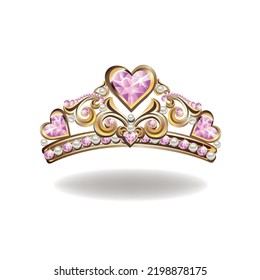 Princess crown or tiara with pearls and pink gems in the shape of a heart vector illustration isolated on white background.