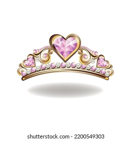 Princess crown or tiara with pearls and pink gems in the shape of a heart vector illustration isolated on white background.