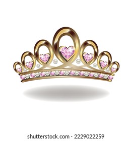 Princess crown or tiara with pearls and pink gems in the shape of a heart vector illustration isolated on white background.