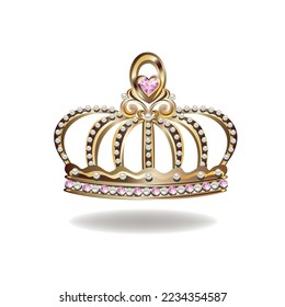 Princess crown or tiara with pearls and pink gems in the shape of a heart vector illustration isolated on white background.