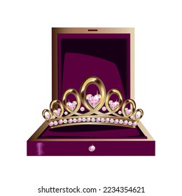 Princess crown or tiara with pearls and pink gems in the shape of a heart vector illustration isolated on white background.