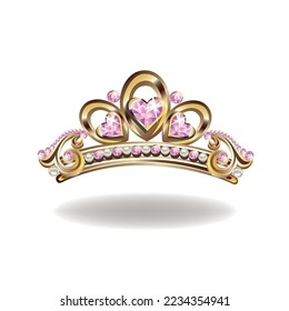 Princess crown or tiara with pearls and pink gems in the shape of a heart vector illustration isolated on white background.