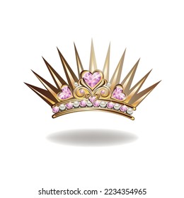 Princess crown or tiara with pearls and pink gems in the shape of a heart vector illustration isolated on white background.