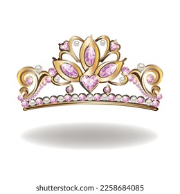 Princess crown or tiara with pearls and pink gems in the shape of a heart vector illustration isolated on white background.