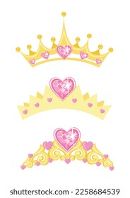 Princess crown or tiara with pearls and pink gems in the shape of a heart. Set of vector illustrations of princess jewels in cartoon style isolated on white background.