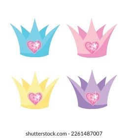 Princess crown or tiara with pearls and pink gems in the shape of a heart. Set of vector illustrations of princess jewels in cartoon style isolated on white background.