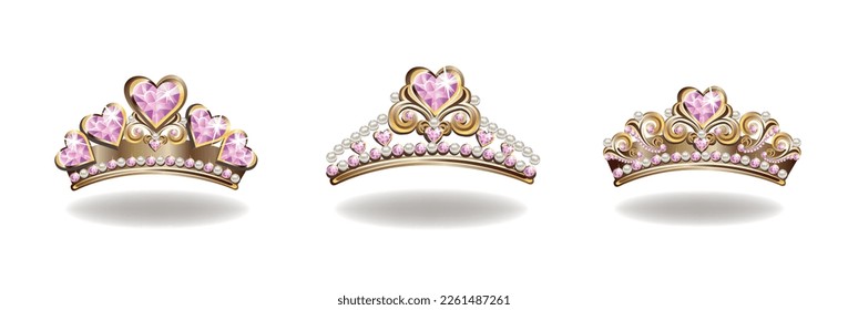 Princess crown or tiara with pearls and pink gems in the shape of a heart vector illustration isolated on white background.