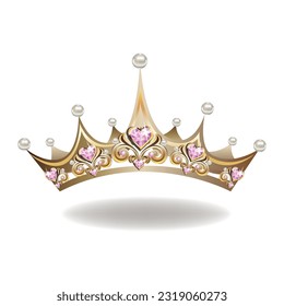 Princess crown or tiara with pearls and pink gems in the shape of a heart vector illustration isolated on white background.